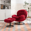 Swivel Accent Chair with Ottoman, Velvet Single Sofa Reading Chair with Metal Frame, Modern Tufted Armchair Comfy Lounge Chairs with Footrest for Living Room, Bedroom, Office, Red