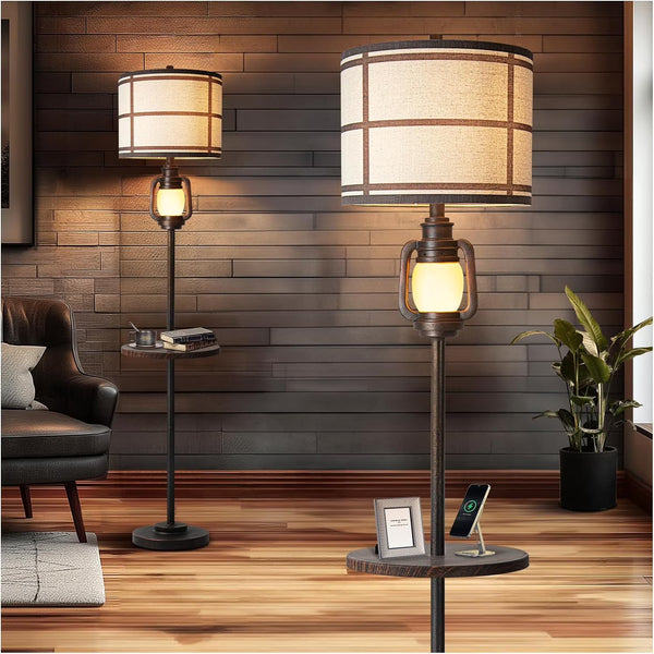 Farmhouse Metal Tray Floor Lamp for Living Room with Nightlight Vintage Tall Lamp with Linen Fabric Shade Industrial Standing Lamp for Bedroom Office Home House Study (Bulb Included)