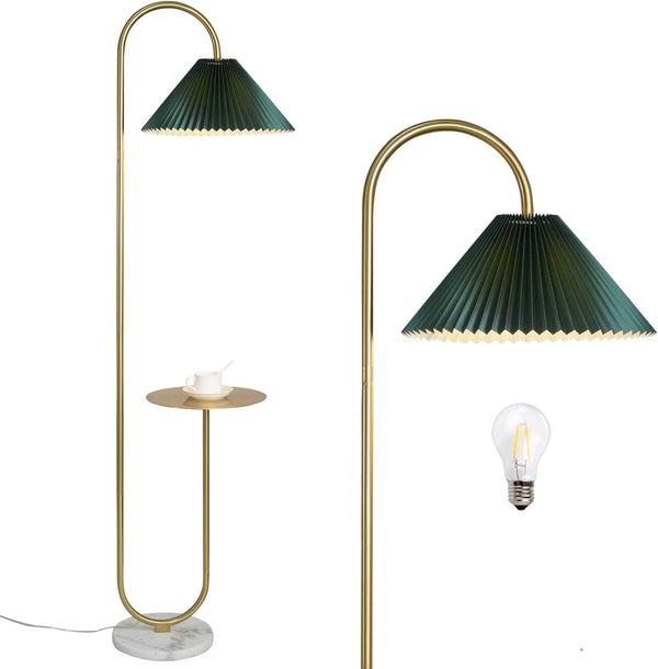 Modern Elegant with Tray Floor Lamp for Office Cafe Den Living Room Bedroom, Foot Switch and Brass/Gold Finish, Light Yellow Pleated Cloth Lampshade