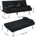Homfa 66.3'' Upholstered Sofa Bed Couch, Convertible Futon Folding Sleeper Sofa with Removable Armrests and 2 Cupholders for Living Room, Black