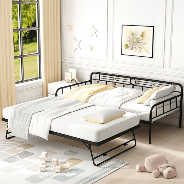 Sesslife Metal Daybed with Adjustable Trundle, Twin Size Daybed with Twin Size Pop up Trundle Bed, Heavy - Duty Sofa with Portable Folding Trundle Bed for Bedroom Living Room (Black)