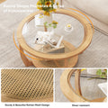 Round Wood Coffee Table with Glass Rattan Top, Wooden Circle Center Table with Curved Legs & Removeable Tempered Glasstop, Cocktail Table for Living Room, Light Brown 32.28" x 18.15"