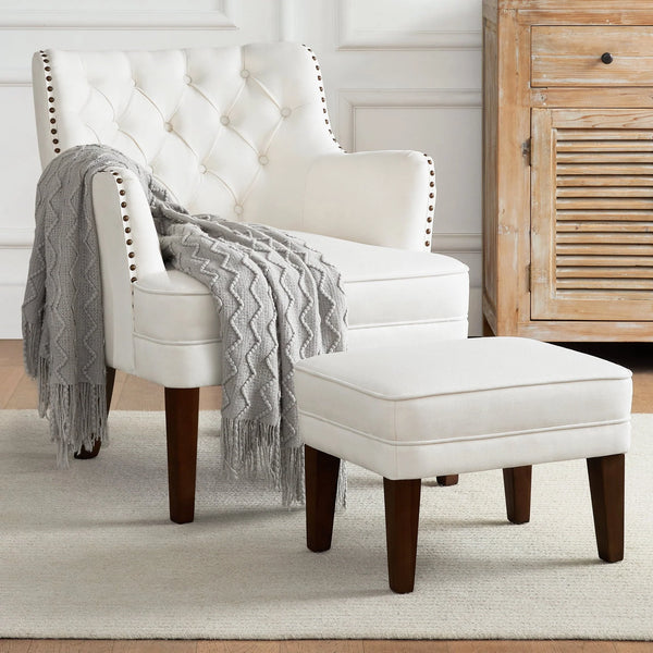 GERICCO Accent Chair with Ottoman Set, Club Armchair Indoor, Comfy Reading Chair and Ottoman for Bedroom Living Room, with Bronzer Nail Head Trim Wooden Legs(Beige)