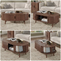 Oval Coffee Table, 42.5" Drum Coffee Table with Sliding Tambour Door, Fluted Accent Center Table with Storage, Mid Century Modern Coffee Table for Living Room, Center Table Walnut