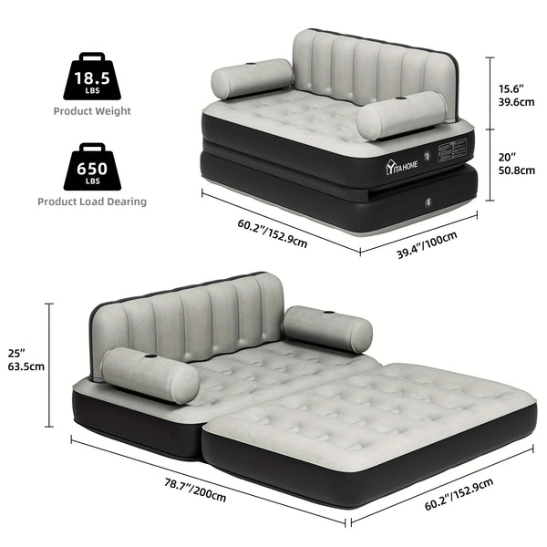 Inflatable Air Sofa Bed 2 - in - 1 Backrest Couch Airbed with Headboard and Pump Convertible Blow up Bed Mattress for Home, Camping, and Guests, Living Room Furniture, Queen Size