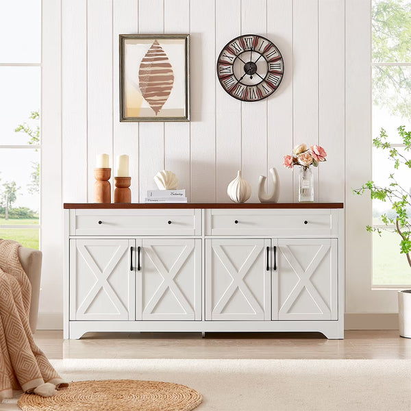 Trumanpick 61"h Large Buffet Sideboard Cabinet, TV Cabinet, Kitchen Pantry for Dining Room, Living Room, 61.3''L x 15''W x 29.8''H, White/Walnut