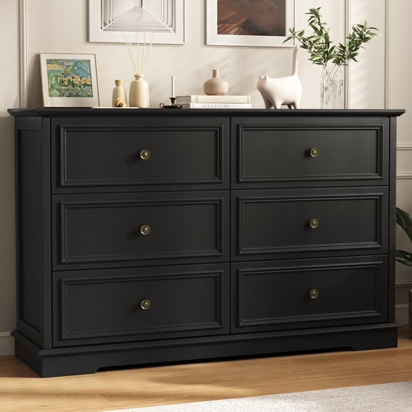 IDEALSOUL Black Dresser, 6 Drawer Dresser for Bedroom, Retro Wood Storage Cabinet for Living Room