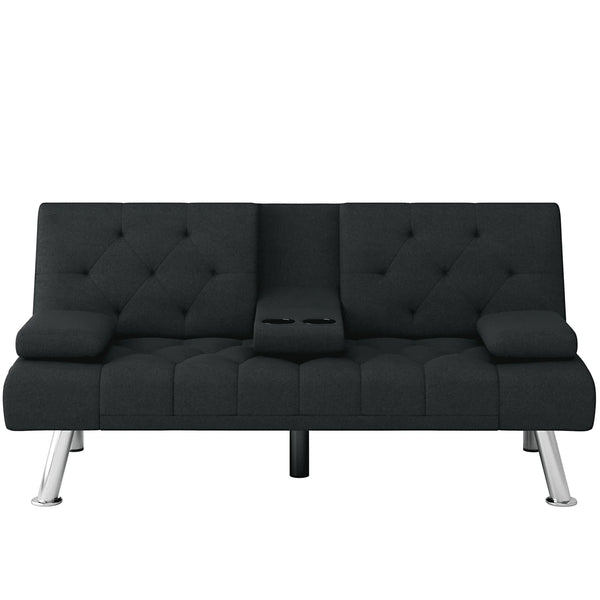 Homfa 66.3'' Upholstered Sofa Bed Couch, Convertible Futon Folding Sleeper Sofa with Removable Armrests and 2 Cupholders for Living Room, Black