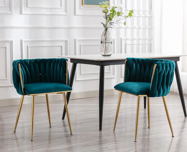Guyou Velvet Dining Chair Set of 2, Modern Upholstered Accent Side Chair with Woven Back and Metal Legs, Vanity Chair Kitchen Chair for Living Room Dining Room Bedroom, Teal Green