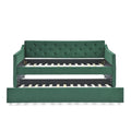 Twin Size Daybed with Trundle, Modern Button Tufted Linen Upholstered Sofa Day Bed Frame with A Roll - Out Trundle, Bedframe Furniture for Bedroom Living Room Guest Room, Green