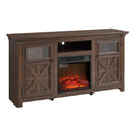 60" Farmhouse Fireplace TV Stand for Tvs up to 70 in, Entertainment Center with 18" Electric Fireplace, Rustic TV with Glass Barn Doors for Living Room, Adjustable Shelf