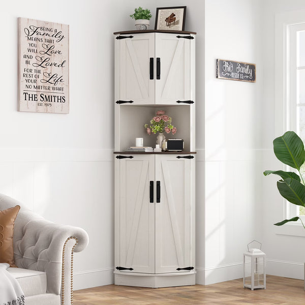 Chvans Farmhouse 68" Tall Corner Cabinet W/4 Barn Doors, 5 Tier Bookcase Storage Cabinet with Adjustable Shelves, Corner Storage Cabinet for Bathroom, Living Room, Kitchen, Brown