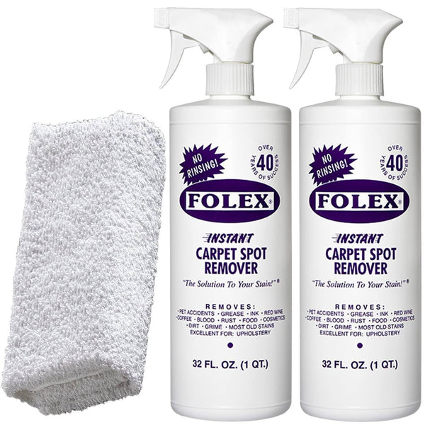 2 Bottles of Folex Instant Carpet Spot Remover + 1 Daley Mint Cleaning Cloth | Instant Rug, Upholstery, and Spot Carpet Stain Remover Kit, 32oz