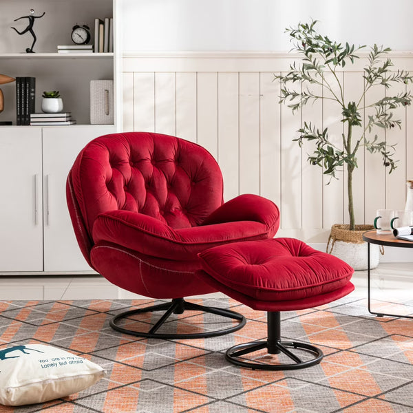 Swivel Accent Chair with Ottoman, Velvet Single Sofa Reading Chair with Metal Frame, Modern Tufted Armchair Comfy Lounge Chairs with Footrest for Living Room, Bedroom, Office, Red