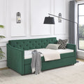 Twin Size Daybed with Trundle, Modern Button Tufted Linen Upholstered Sofa Day Bed Frame with A Roll - Out Trundle, Bedframe Furniture for Bedroom Living Room Guest Room, Green