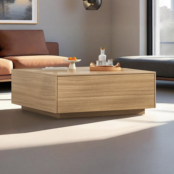 Blotout Square Coffee Table with 2 Large Drawers, 43" Mid Century Modern Coffee Table with Storage, Wood Cocktail Table Center Table with Storage for Living Room, Wood Grain