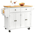 Richya Kitchen Island with Storage, Rolling Kitchen Cart with Lockable Wheels, Rubber Wood Tabletop Kitchen Island Table for Kitchen, Living Room, White