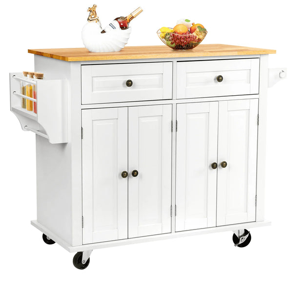 Richya Kitchen Island with Storage, Rolling Kitchen Cart with Lockable Wheels, Rubber Wood Tabletop Kitchen Island Table for Kitchen, Living Room, White