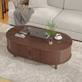 Oval Coffee Table, 42.5" Drum Coffee Table with Sliding Tambour Door, Fluted Accent Center Table with Storage, Mid Century Modern Coffee Table for Living Room, Center Table Walnut