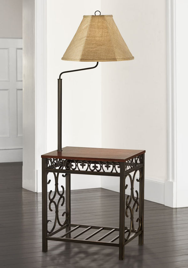 Regency Hill Travata Rustic Vintage Floor Lamp with End Table 54" Tall Bronze Scrollwork Swing Arm Burlap Fabric Empire Shade for Living Room Reading