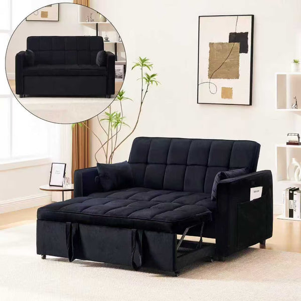 Velvet 3 - in - 1 Convertible Sofa Bed - USB Charging, Adjustable Backrest Pull - Out Couch Loveseat Sleeper for Living Room, Apartment & Small Space, Black