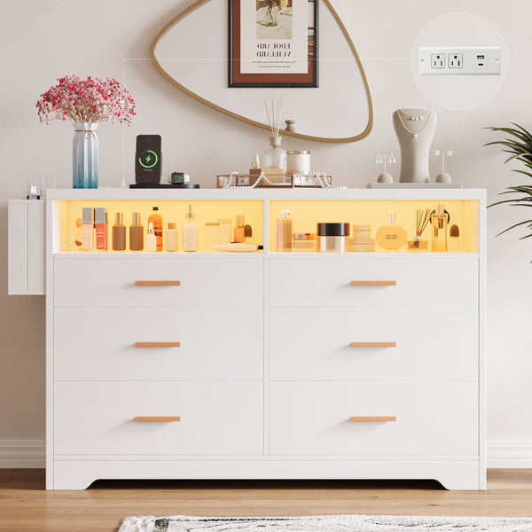 White Dresser for Bedroom, 6 Drawers Dresserwith LED Lights and Charging Station, 47" Wide Bedroom Dresser Chest of Drawers Storage Organizer TV Stand for up to 55" TV for Living Room
