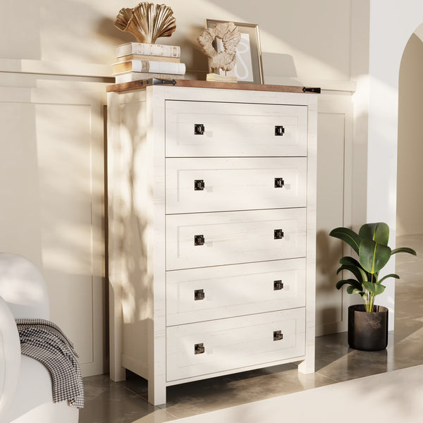 Keywhat Farmhouse 5 Drawer Dresser for Bedroom, Chest of Drawers Wood Organizer for Living Room, Antique White
