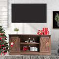 Mayincolor Farmhouse TV Stand for 65+ Inch TV, 34'' Tall Entertainment Center with Sliding Barn Doors, Rustic Wood Media Console Storage Cabinet Television Stand for Living Room, Light Grey