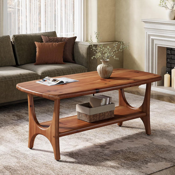 Fimind Solid Wood Coffee Table, 47.24" Mid - Century Modern Rectangle Center Table with 2 - Tier Storage Shelf for Living Room, Small Space