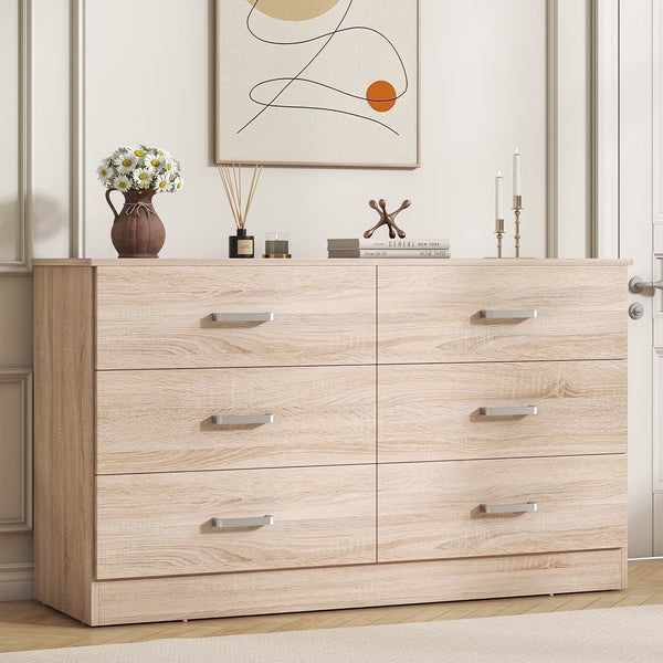 Winkalon 6 Drawer Oak Double Dresser, Wood Storage Cabinet with Easy Pull Out Handles for Living Room, Chest of Drawers for Bedroom
