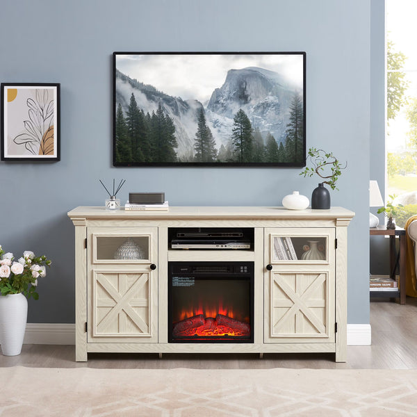 60" Farmhouse Fireplace TV Stand for Tvs up to 70 in, Entertainment Center with 18" Electric Fireplace, Rustic TV with Glass Barn Doors for Living Room, Adjustable Shelf