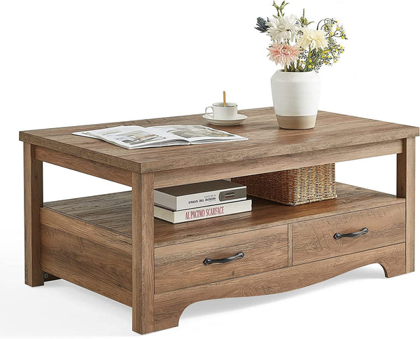 LINSY HOME Farmhouse Coffee Table with Storage, Wood Coffee Table for Living Room, Open Display Area and Storage Drawers with Metal Handles, Chic Style with Curved Base, Brown