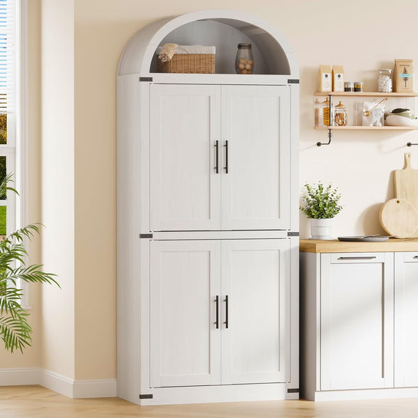 Garvee Arched Storage Cabinet, 71.6" Tall Kitchen Pantry with Doors, 5 - Tier Farmhouse Bookshelf, Large Wooden Display Cabinet for Kitchen, Dining Room, Living Room, White