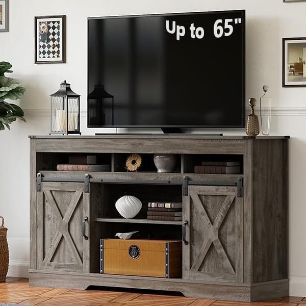 Mayincolor Farmhouse TV Stand for 65+ Inch TV, 34'' Tall Entertainment Center with Sliding Barn Doors, Rustic Wood Media Console Storage Cabinet Television Stand for Living Room, Light Grey