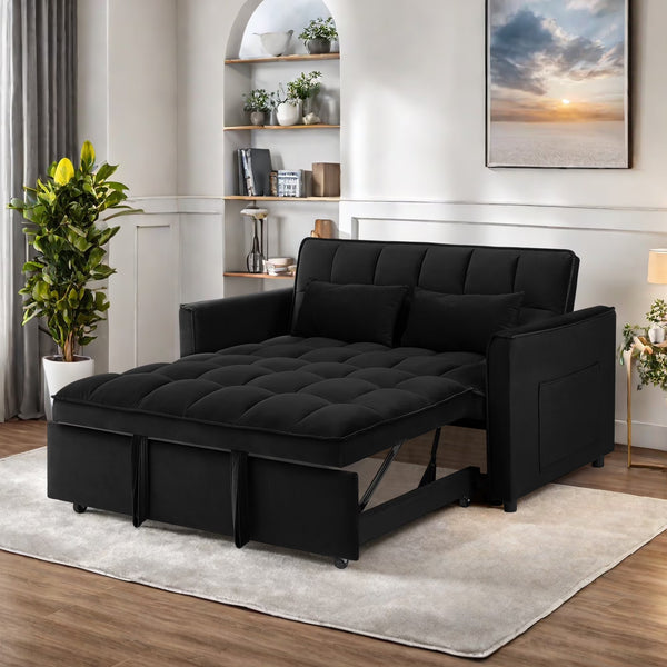 Convertible Sofa Bed, 3 - in - 1 Sleeper Sofa with Pull Out Bed, Sleeper Futon Couch Loveseat with Adjsutable Backrest and Pillows for Living Room, Black