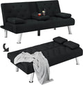 Homfa 66.3'' Upholstered Sofa Bed Couch, Convertible Futon Folding Sleeper Sofa with Removable Armrests and 2 Cupholders for Living Room, Black