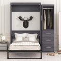 Euroco Wood Full Size Murphy Wall Bed with Wardrobe and Drawers for Living Room, Moveable Wardrobe and Drawers, Space - Saving & Easy Open and Close for Kids Teens Adults, Gray
