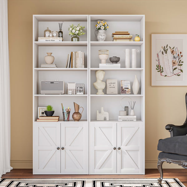 Furmax 1 Piece 4 - Shelf Farmhouse Bookcases 4 - Tier Bookshelf with Adjustable Shelves&Doors, Storage Cabinet for Home Living Room, Kitchen, Office, White