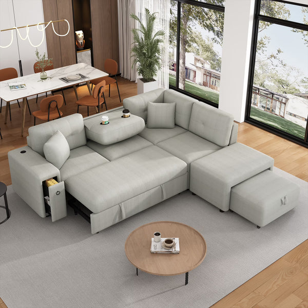 87" Modular Sectional Sleeper Sofa with Pull Out Bed, Convertible L - Shaped Couch with Ottoman, USB Ports and Two Cup Holders for Living Room, Apartment, Bedroom, Gray
