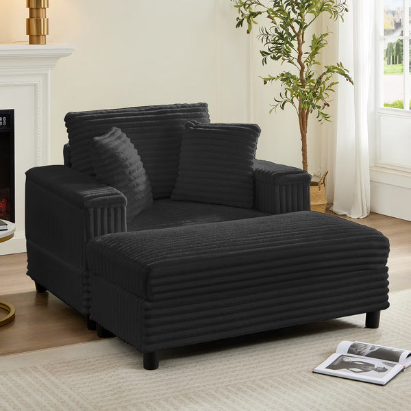 ZAFLY 44" Modern Corduroy Accent Armchair with Storage Ottoman for Living Room, Black