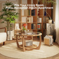 Round Wood Coffee Table with Glass Rattan Top, Wooden Circle Center Table with Curved Legs & Removeable Tempered Glasstop, Cocktail Table for Living Room, Light Brown 32.28" x 18.15"