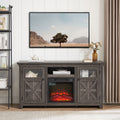 60" Farmhouse Fireplace TV Stand for Tvs up to 70 in, Entertainment Center with 18" Electric Fireplace, Rustic TV with Glass Barn Doors for Living Room, Adjustable Shelf