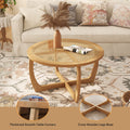 Round Wood Coffee Table with Glass Rattan Top, Wooden Circle Center Table with Curved Legs & Removeable Tempered Glasstop, Cocktail Table for Living Room, Light Brown 32.28" x 18.15"