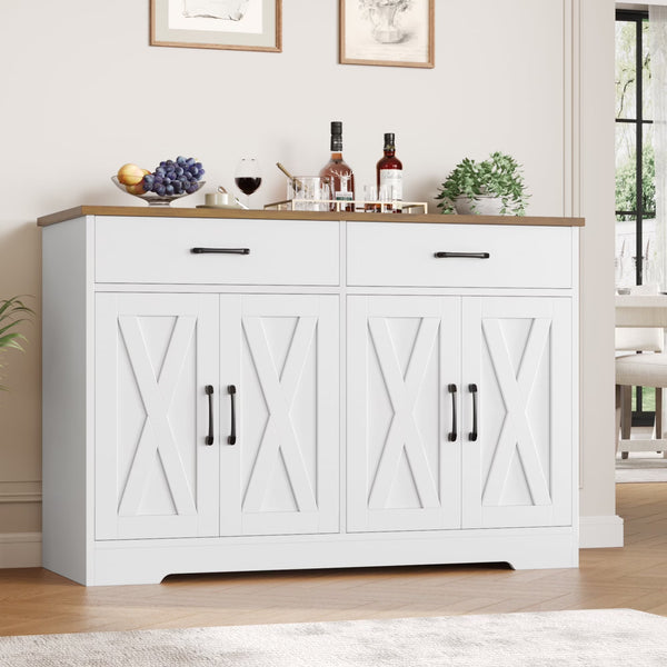 Hiphuta 47"farmhouse Sideboard Storage Cabinets with 4 Doors & 2 Drawers, Coffee Bar with Brown Top for Living Room, White