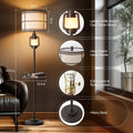 Farmhouse Metal Tray Floor Lamp for Living Room with Nightlight Vintage Tall Lamp with Linen Fabric Shade Industrial Standing Lamp for Bedroom Office Home House Study (Bulb Included)